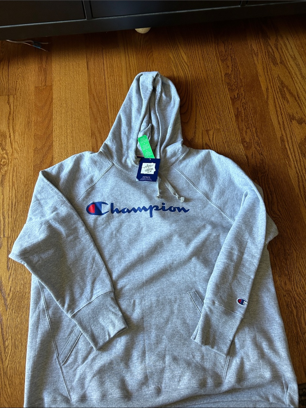 Champion Gray Hoodie with Navy Script Logo and Red Accent